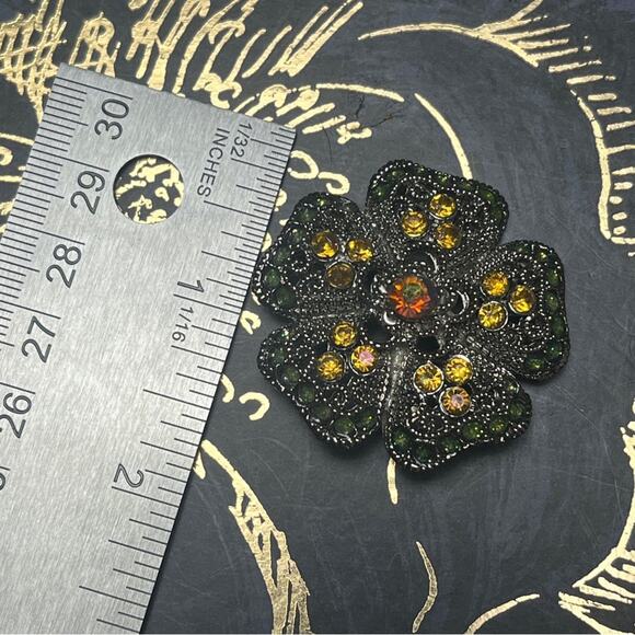 Vintage Sparkling AB Stone Green Enamel Yellow and Pink Silver Flower Brooch D3 - Picture 8 of 8